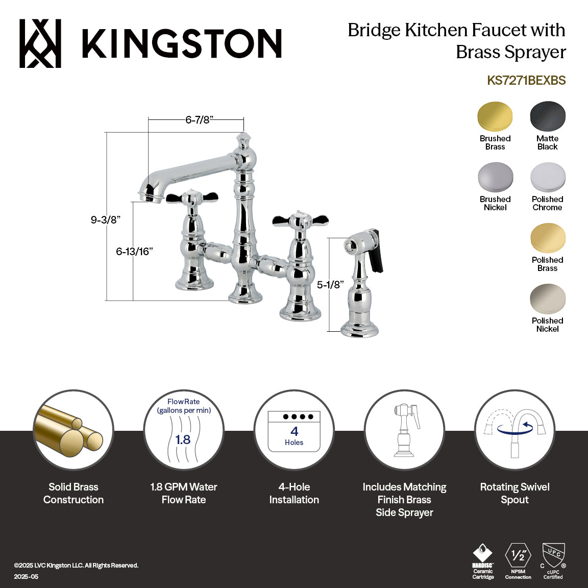 Kingston Tulare KS7272BEXBS - Essex Two-Handle 4-Hole Deck Mount Bridge Kitchen Faucet with Brass Sprayer, Polished Brass — thumbnail 2